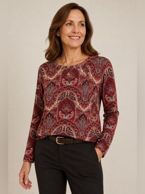 Talbots Petites Pure Merino Wool Paisley Sweater Top LP Red Boho Print